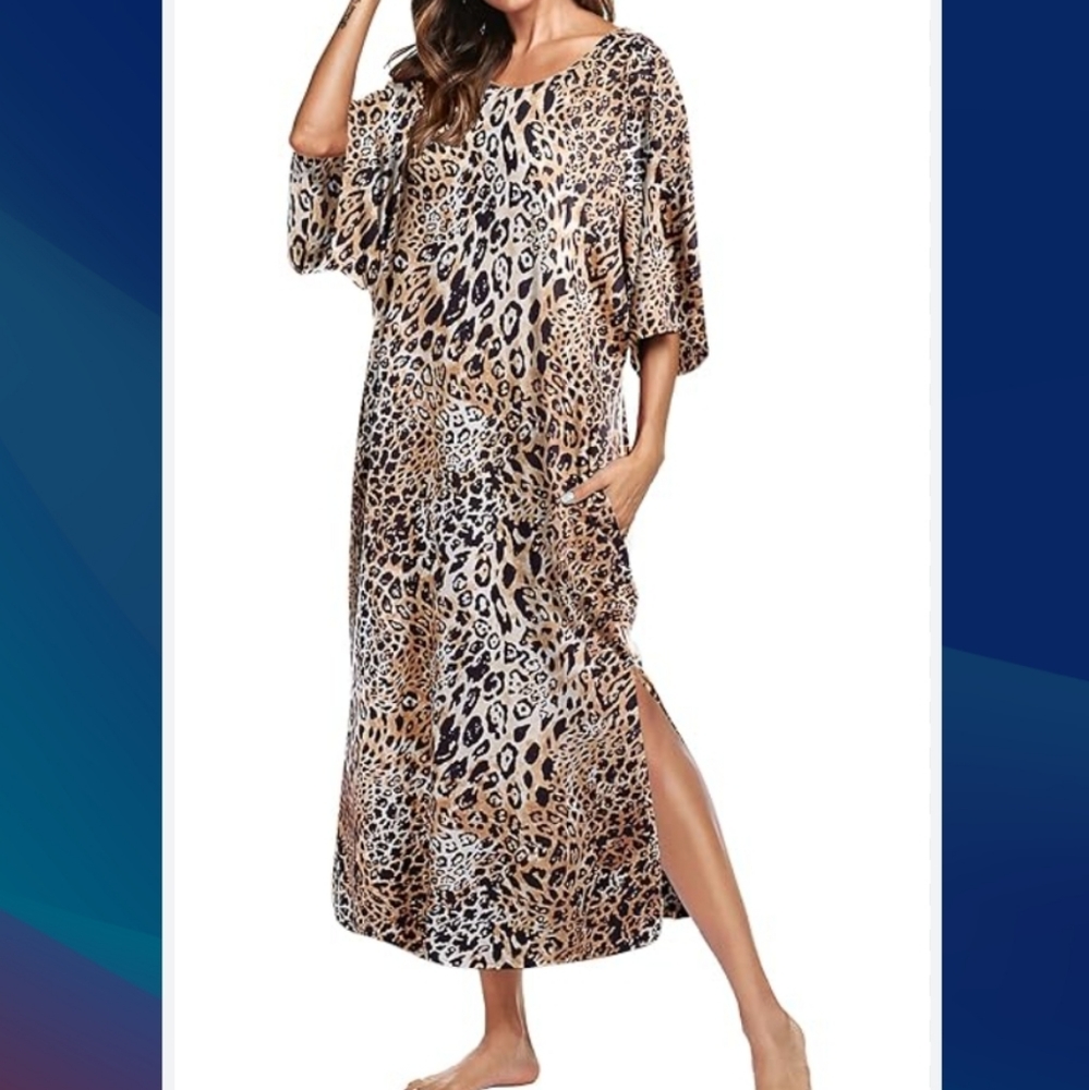 Ekouaer (Size L) Multicolor Animal Print Vent Hem Pocket Lounge Dress (NEW-NWT)